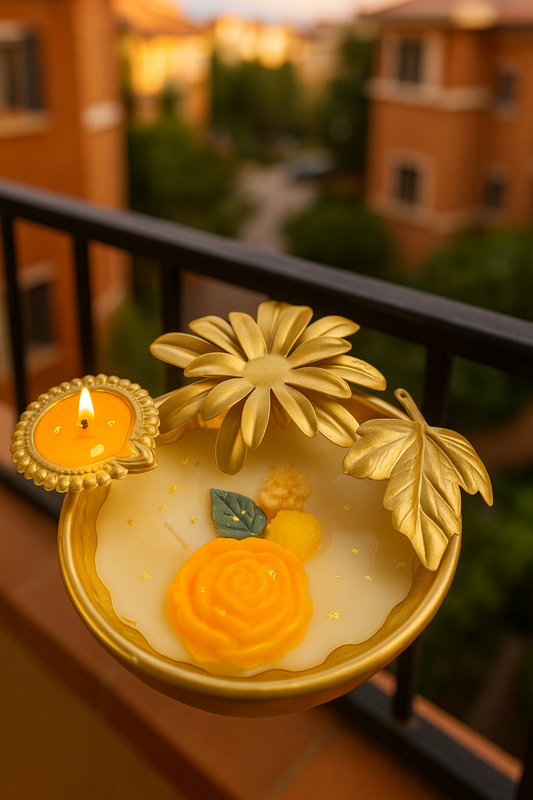 Luxury Decorative Bowl Candle with Golden Floral Design | Handcrafted Festive Rose Candle for Home Décor & Gifting
