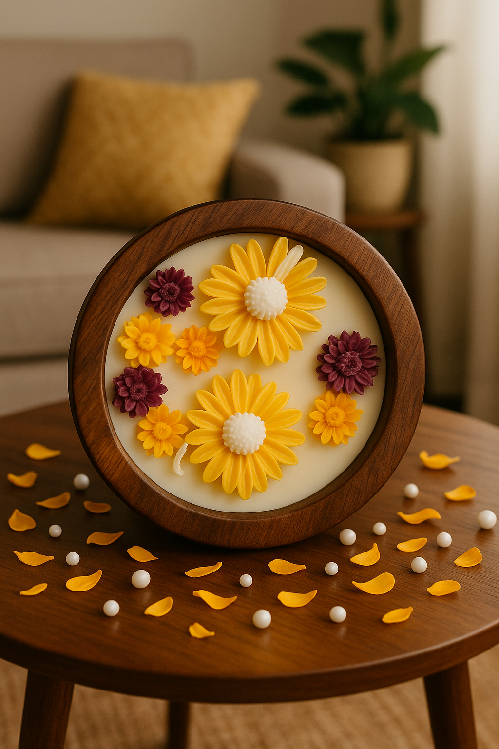 Luxury Wooden Floral Candle – Handcrafted Decorative Scented Candle with Yellow , orange & Purple Flowers for Home Décor & Gifting
