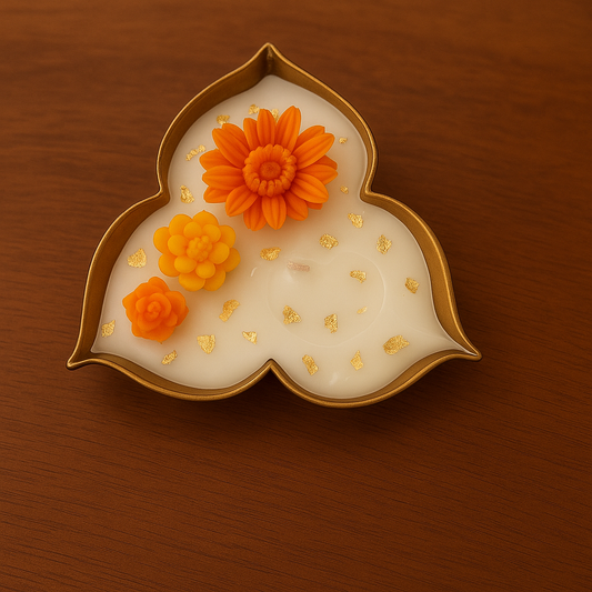 Leaf-Shaped Floral Candle – Handcrafted Soy Wax Candle with Orange Flower Embeds & Gold Foil in Brass Finish Tray