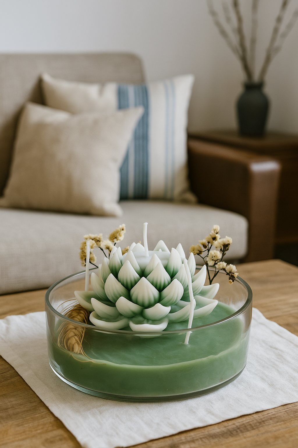 Green Lotus Bowl Candle – Handcrafted Multi-Wick Soy Wax Candle in Glass Bowl with Floral Centerpiece