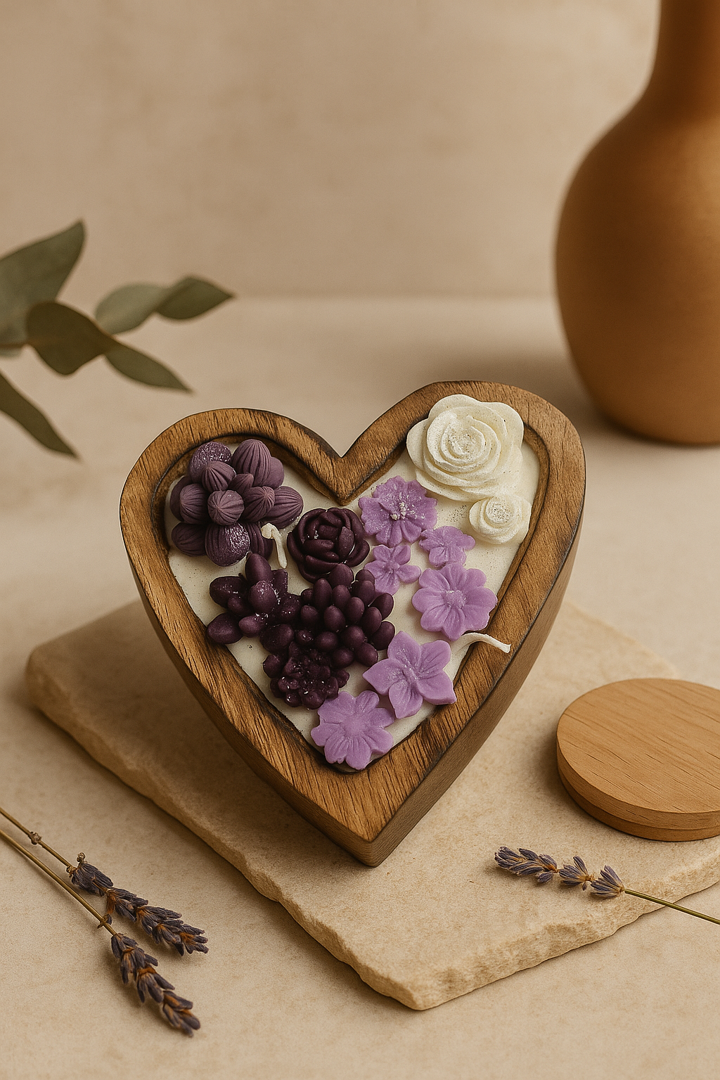 Heart-Shaped Floral Candle in Wooden Bowl | Lavender & White Botanical Wax Art | Decorative Scented Candle