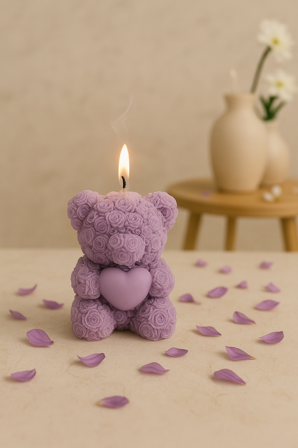 Rose Teddy Bear Candle with Heart | Floral Sculpture Soy Wax Candle | Romantic Gift & Home Decor
