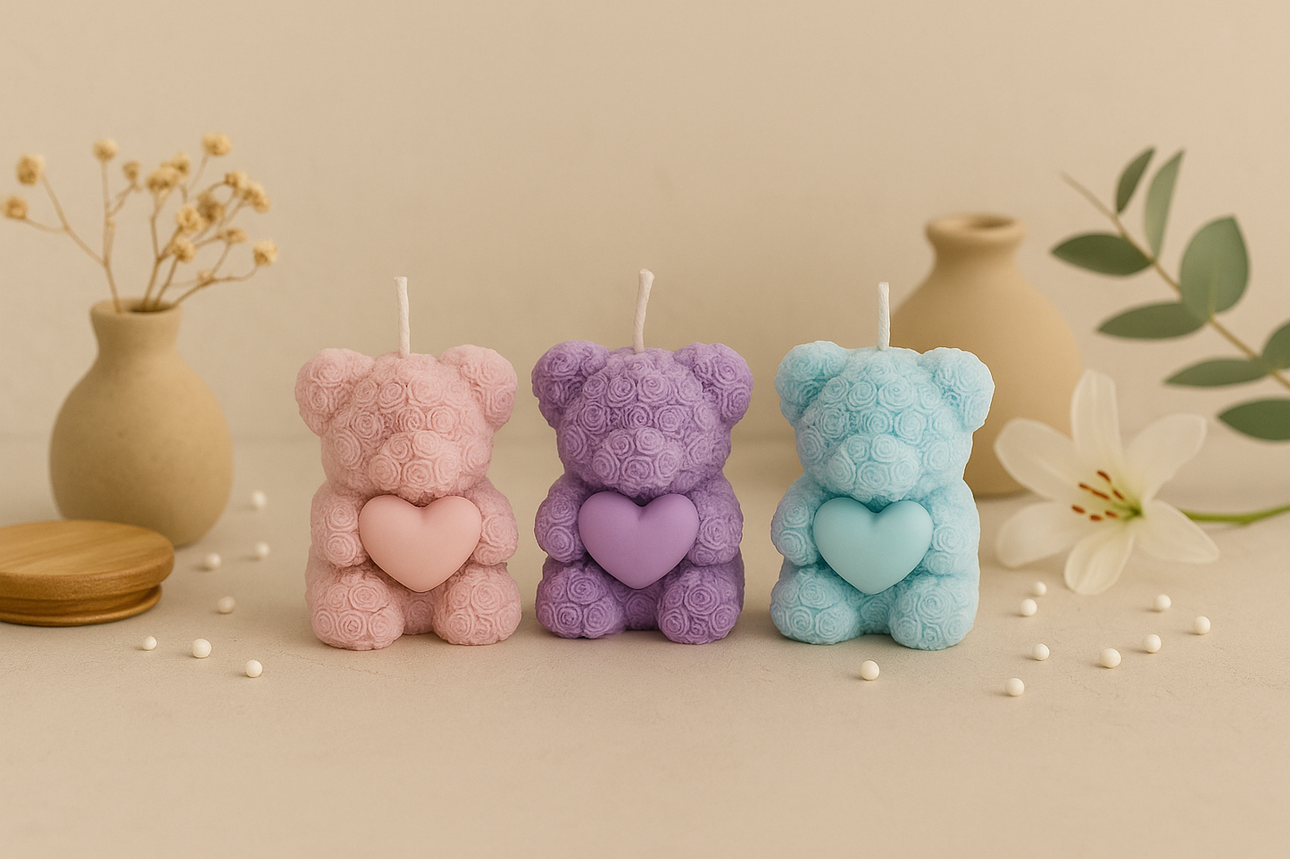 Rose Teddy Bear Candle with Heart | Floral Sculpture Soy Wax Candle | Romantic Gift & Home Decor