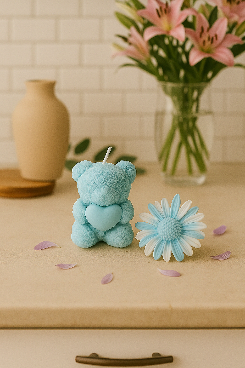 Rose Teddy Bear & Daisy Flower Candle Duo – Handcrafted Soy Wax Gift Set | Romantic Pink & Blue Decorative Candles for Home, Gift & Events