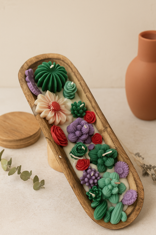 Botanical Garden Dough Bowl Candle | Handcrafted Wax Flower & Cactus Design | Long Wooden Scented Candle Centerpiece