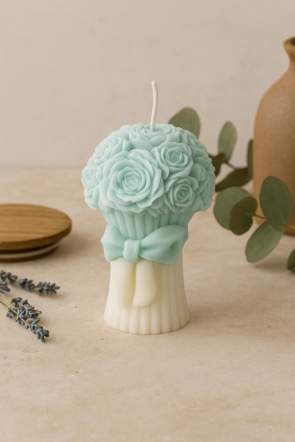 Rose Bouquet Candle with Cream Bow Base | Handcrafted Floral Sculpted Soy Wax Candle | Elegant Decorative Gift Candle