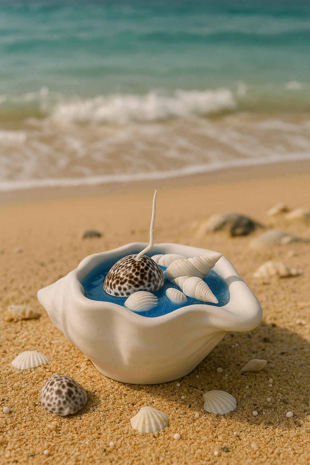 Coastal Shell Candle in Ceramic Bowl – Ocean Blue Wax with Realistic Seashell Embeds