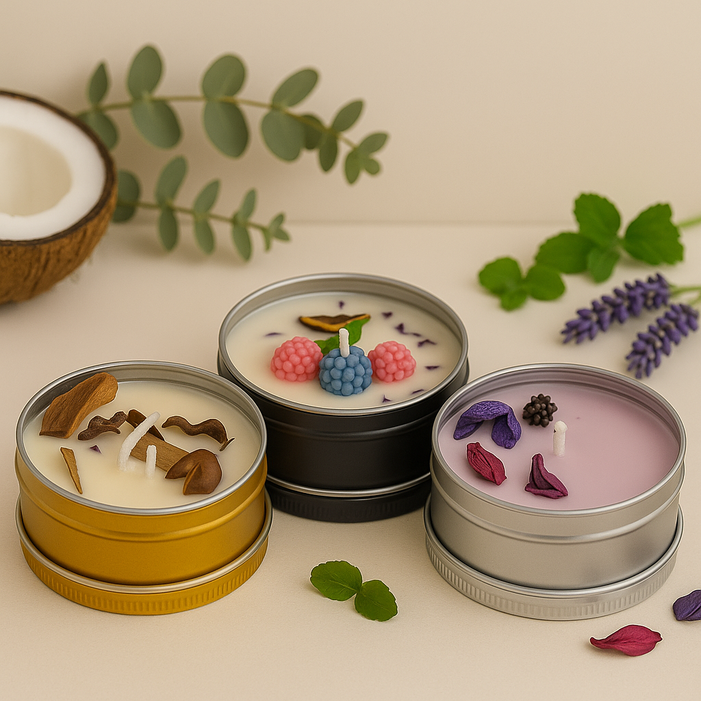 Botanical Candle Set β Trio of Handcrafted Soy Wax Candles with Fruit, Floral & Coconut Accents (Set of 3 in Gold, Black & Silver Tins)