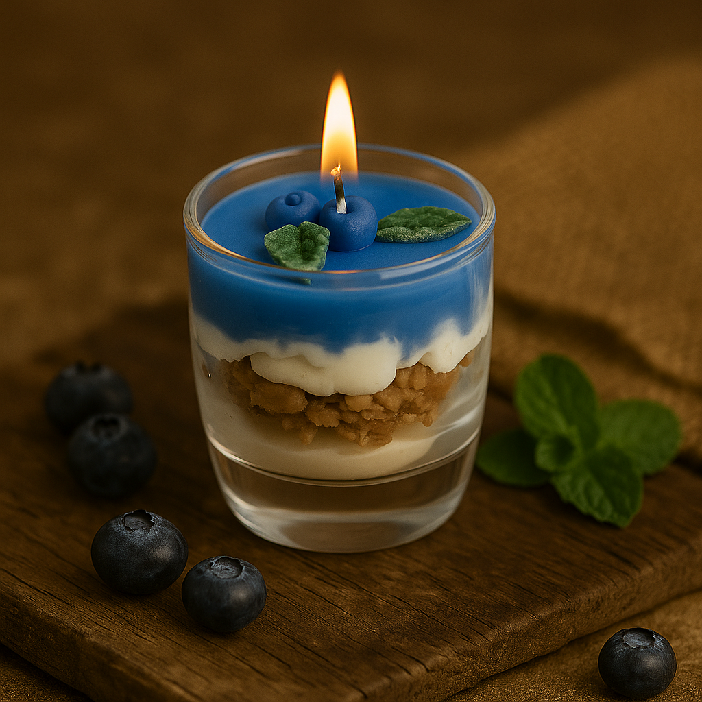 Blueberry Parfait Dessert Candle β Handcrafted Layered Wax Candle in Glass with Realistic Blueberry & Crumble Design