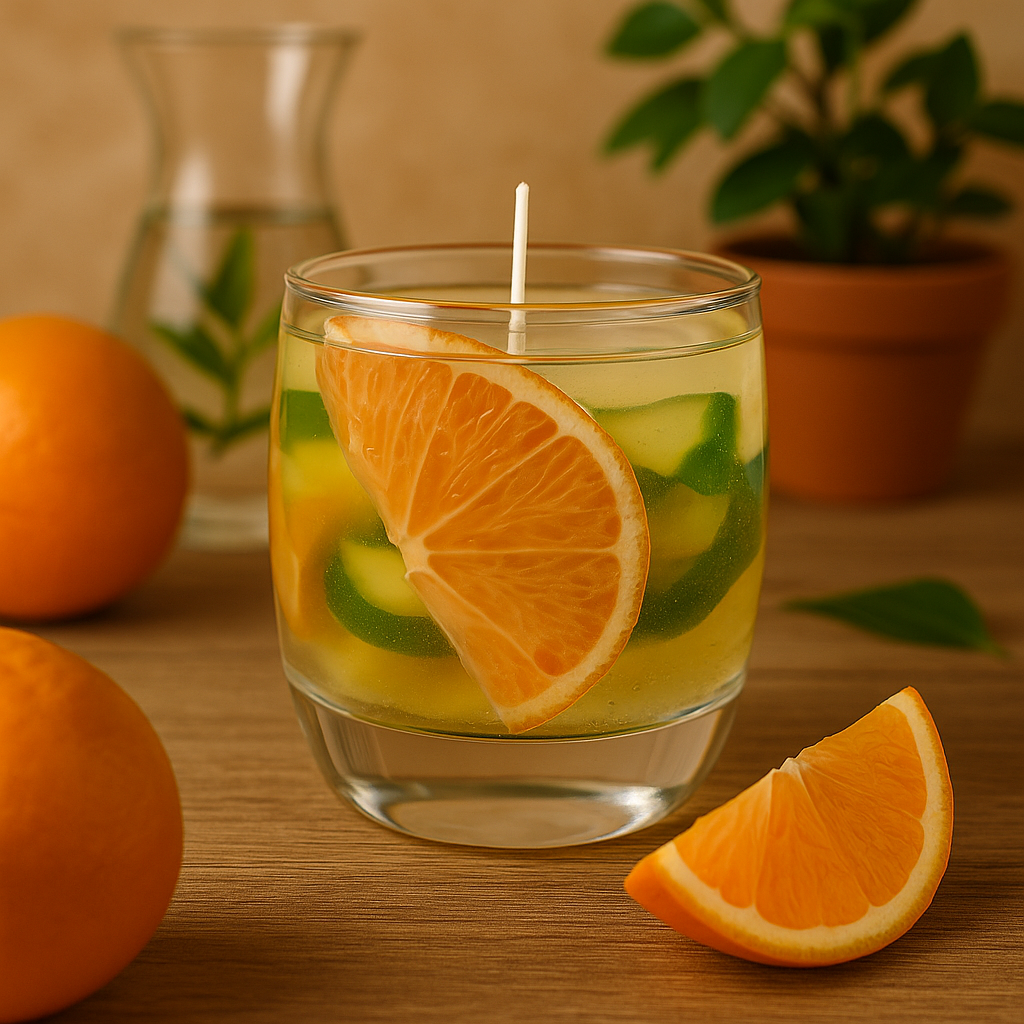 Citrus Fruit Gel Candle โ Handmade Orange & Lime-Inspired Decorative Wax Candle in Glass Jar