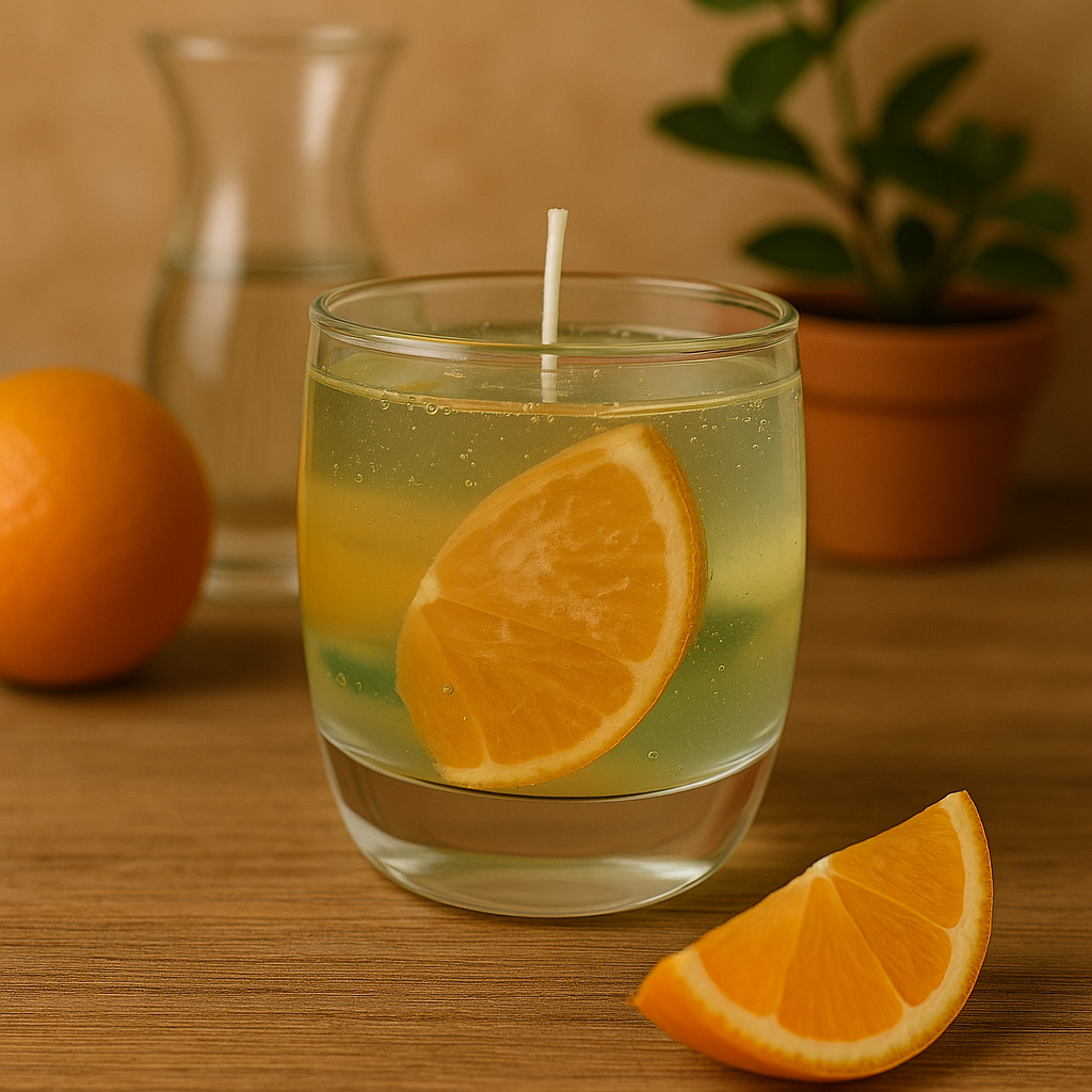 Orange Slice Gel Candle β Handmade Decorative Gel Wax Candle with Realistic Citrus Design in Glass Jar