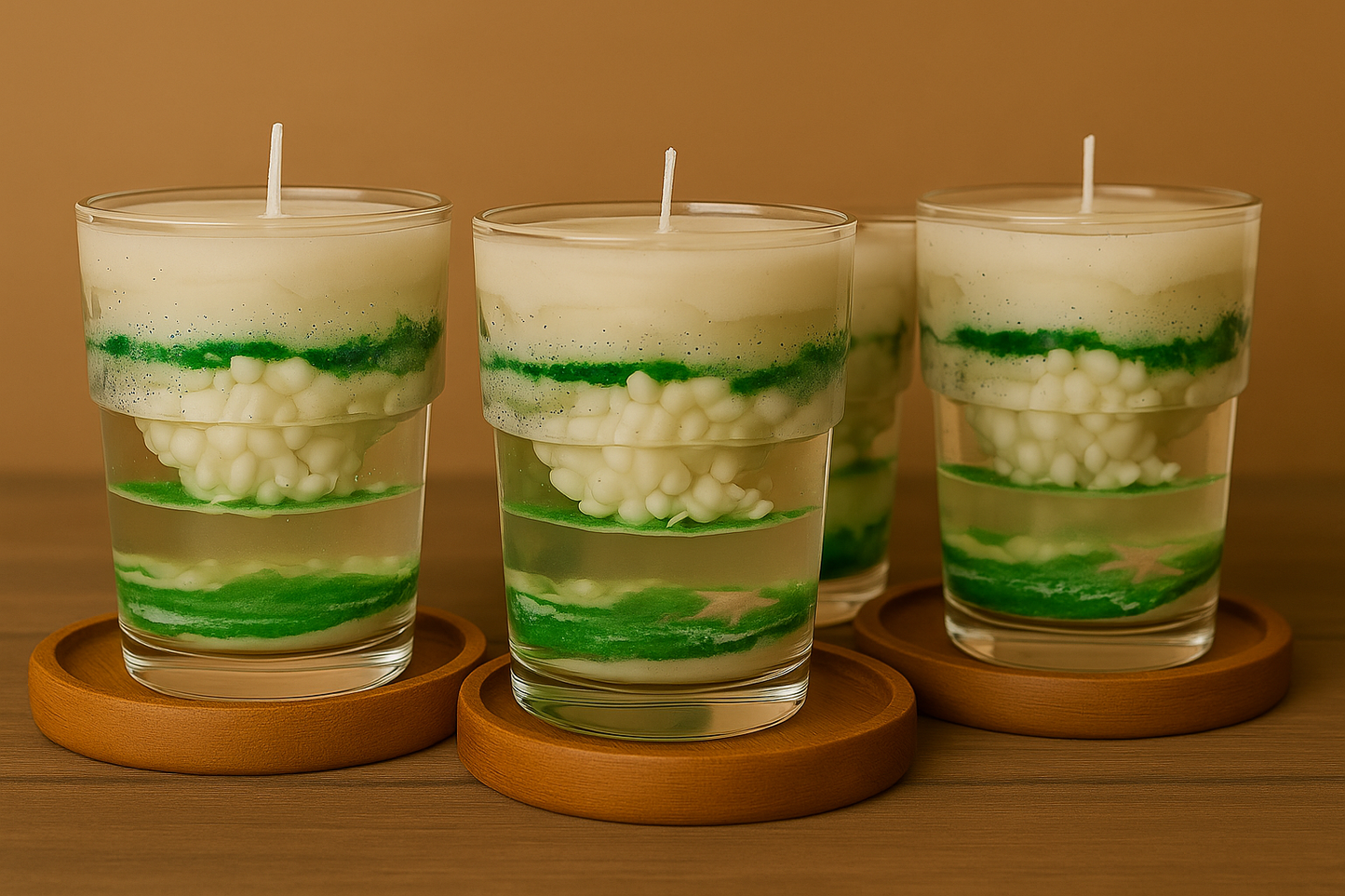 Layered Art Gel Candle in Glass โ Handcrafted Decorative Candle with White Wax & Green Glitter Accents