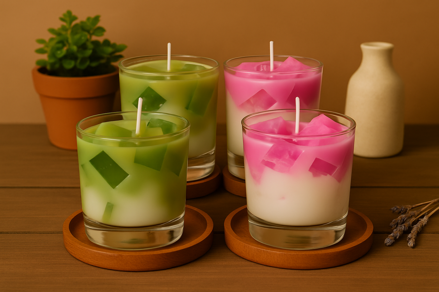 Cocktail Cube Wax Candle Set – Set of 4 Layered Gel & Soy Wax Candles with Colored Cubes in Glass Jars