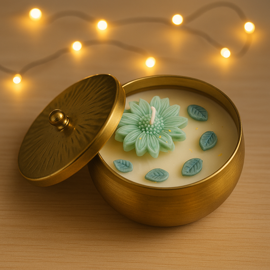 Luxury Metal Jar Candle with Floral Wax Design | Handcrafted Decorative Candle with Lid for Home Décor & Gifting