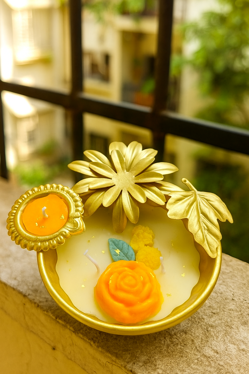 Luxury Decorative Bowl Candle with Golden Floral Design | Handcrafted Festive Rose Candle for Home Décor & Gifting