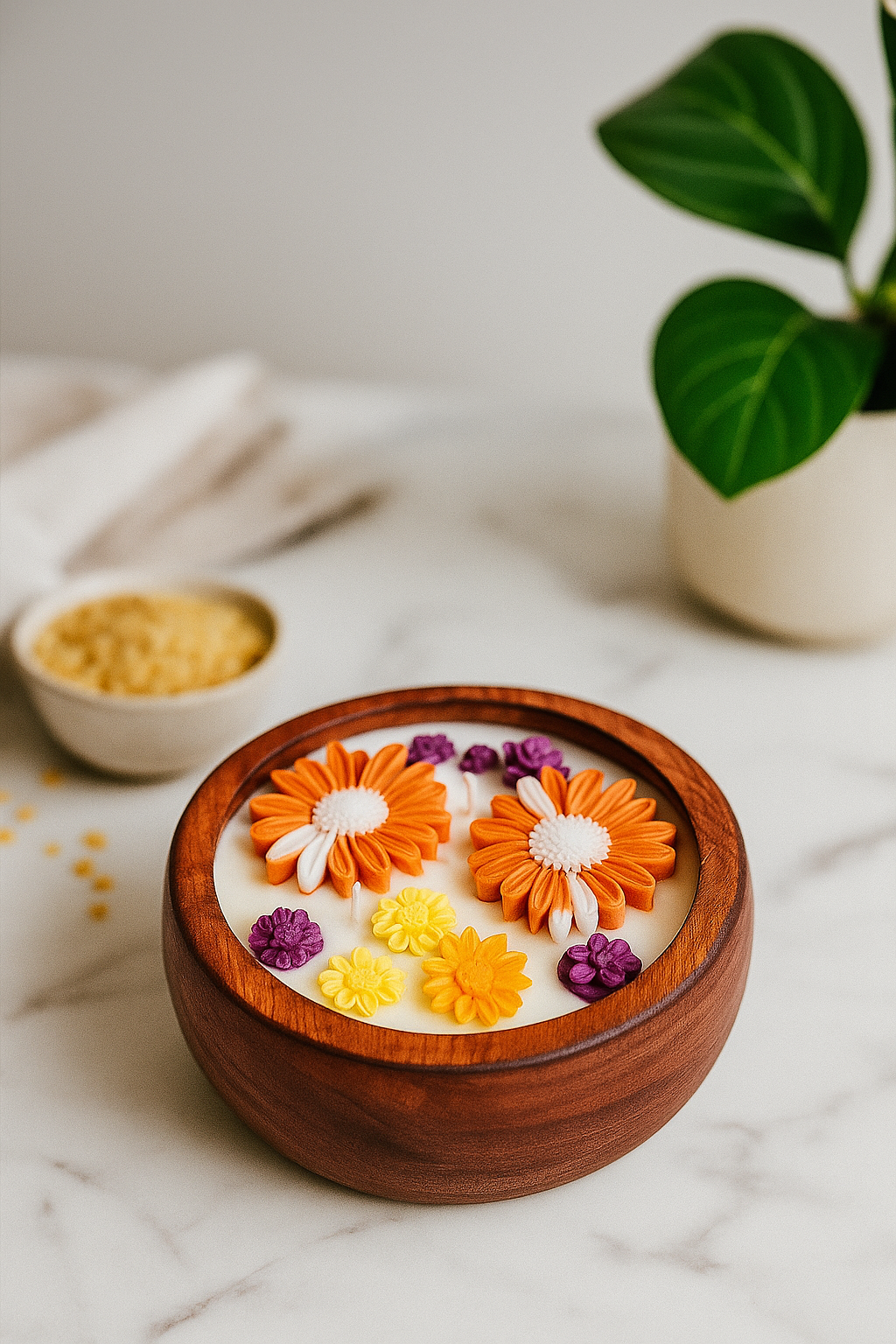Luxury Wooden Floral Candle – Handcrafted Decorative Scented Candle with Yellow , orange & Purple Flowers for Home Décor & Gifting