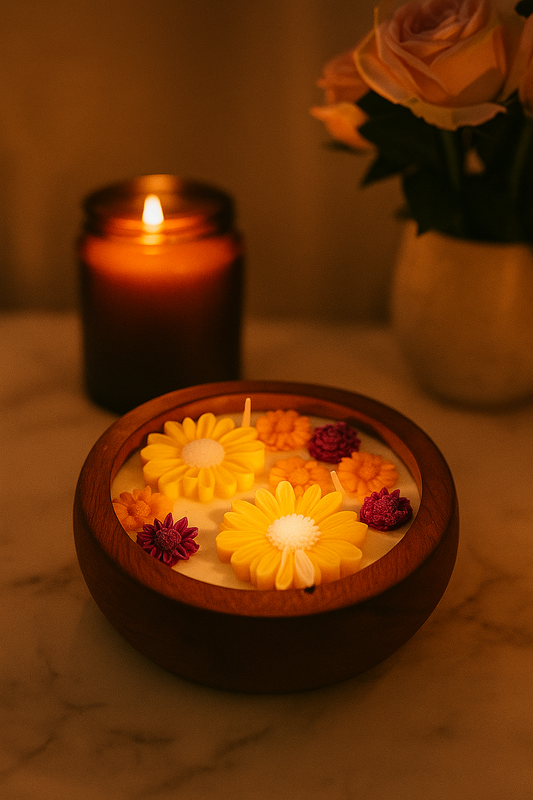 Luxury Wooden Floral Candle – Handcrafted Decorative Scented Candle with Yellow , orange & Purple Flowers for Home Décor & Gifting