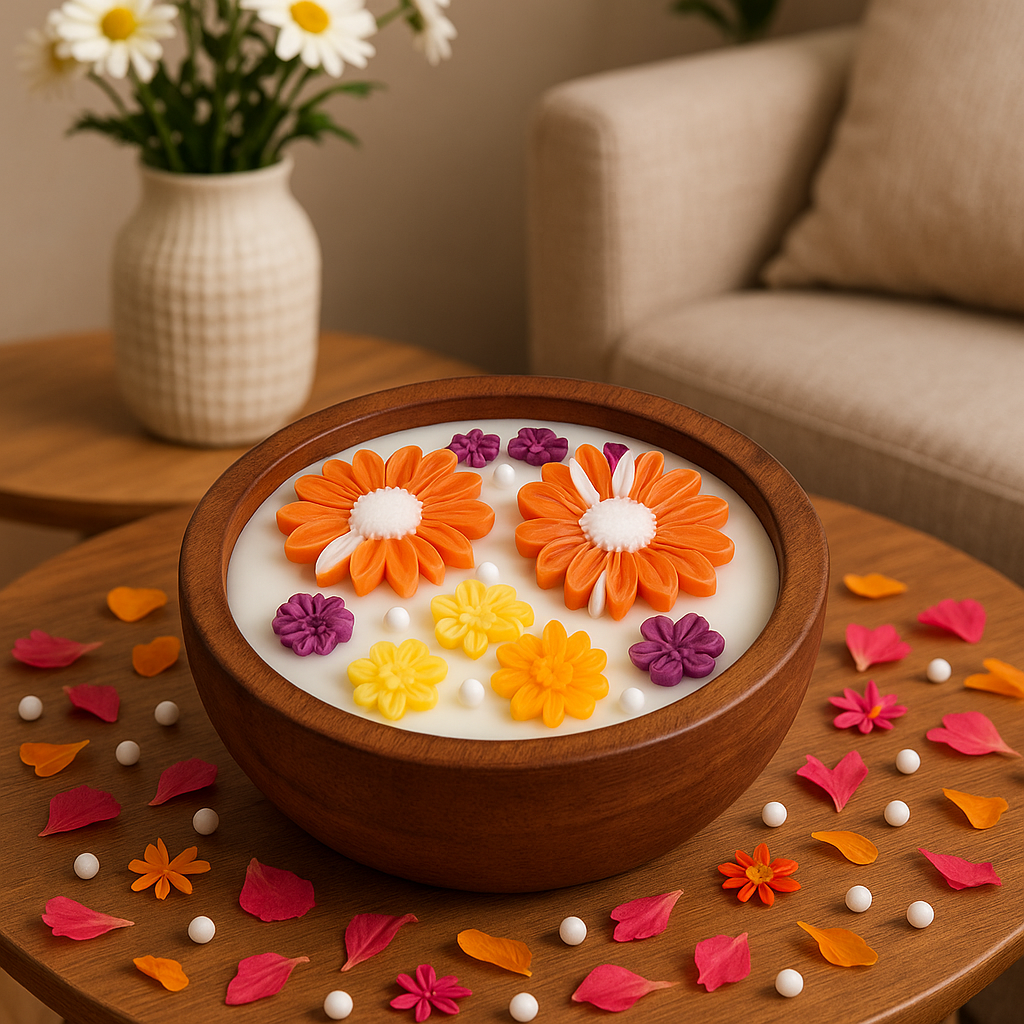 Luxury Wooden Floral Candle – Handcrafted Decorative Scented Candle with Yellow , orange & Purple Flowers for Home Décor & Gifting
