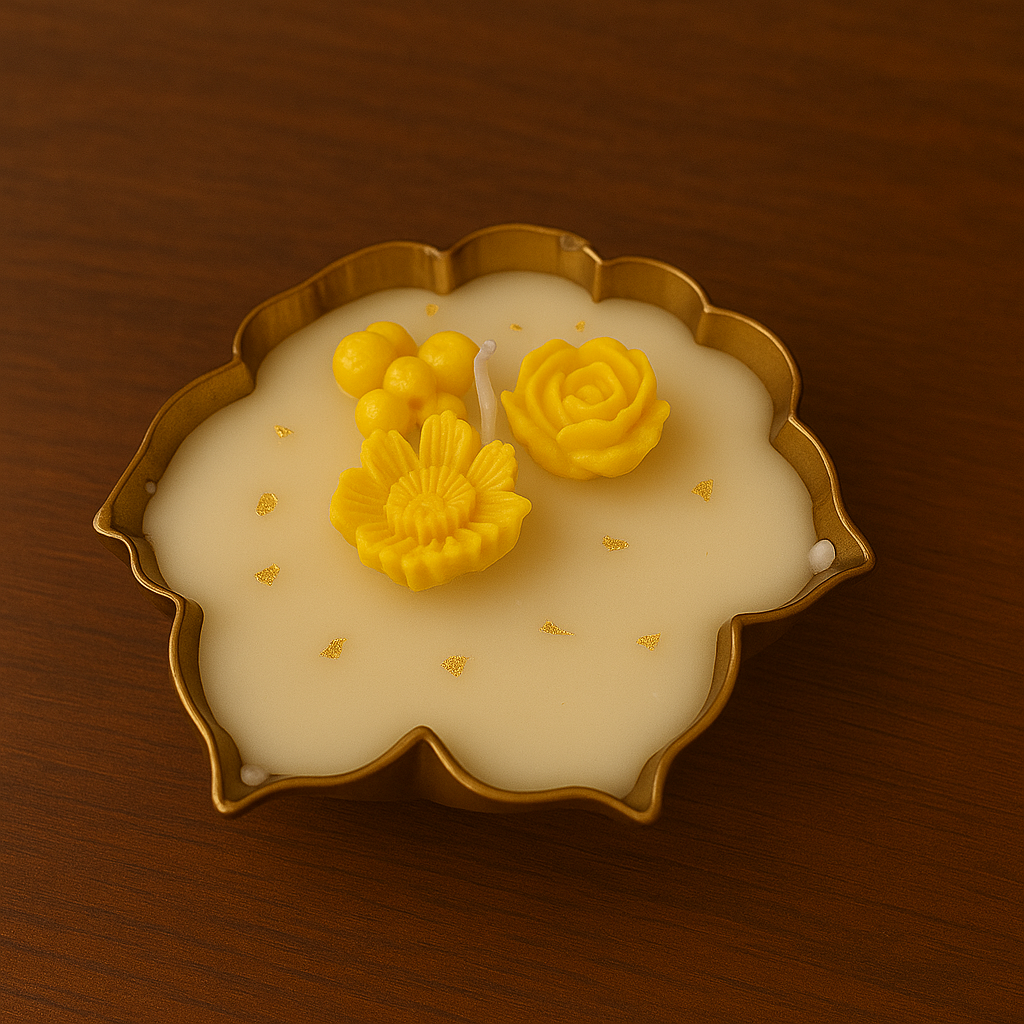 Floral Floating Bowl Candle โ Decorative Handcrafted Candle with Marigold & Gold Leaf Accents in Metal Bowl