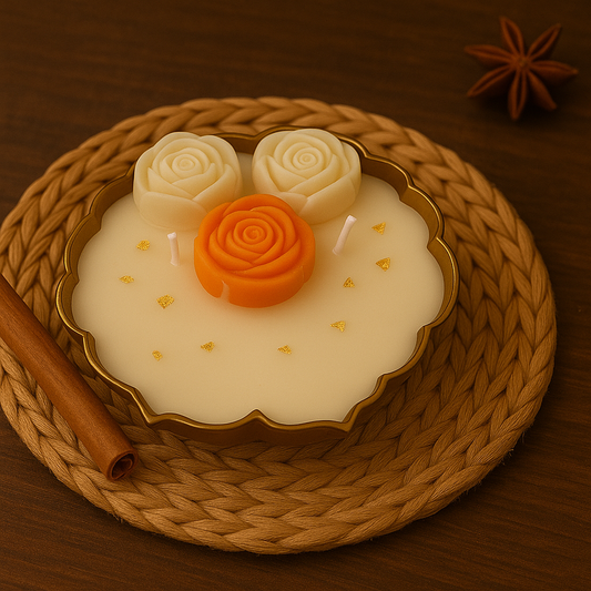 Floral Floating Bowl Candle – Decorative Handcrafted Candle with Marigold & Gold Leaf Accents in Metal Bowl