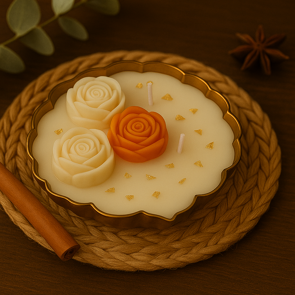 Floral Floating Bowl Candle โ Decorative Handcrafted Candle with Marigold & Gold Leaf Accents in Metal Bowl