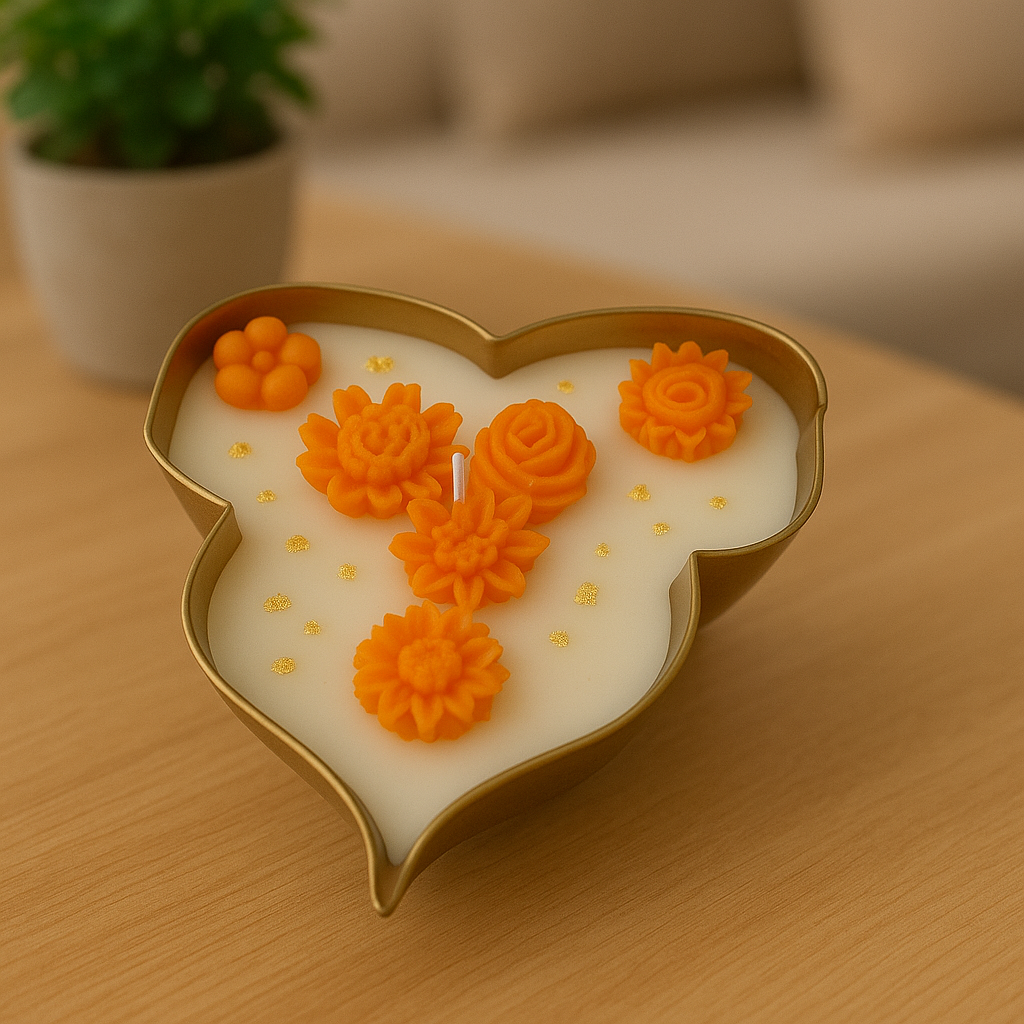 Leaf-Shaped Floral Candle – Handcrafted Soy Wax Candle with Orange Flower Embeds & Gold Foil in Brass Finish Tray