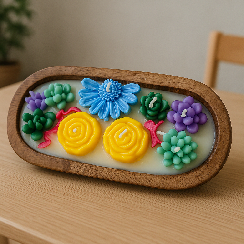 Handcrafted Floral Garden Candle in Wooden Bowl – Multi-Wick Decorative Soy Wax Candle for Home Decor & Gifting
