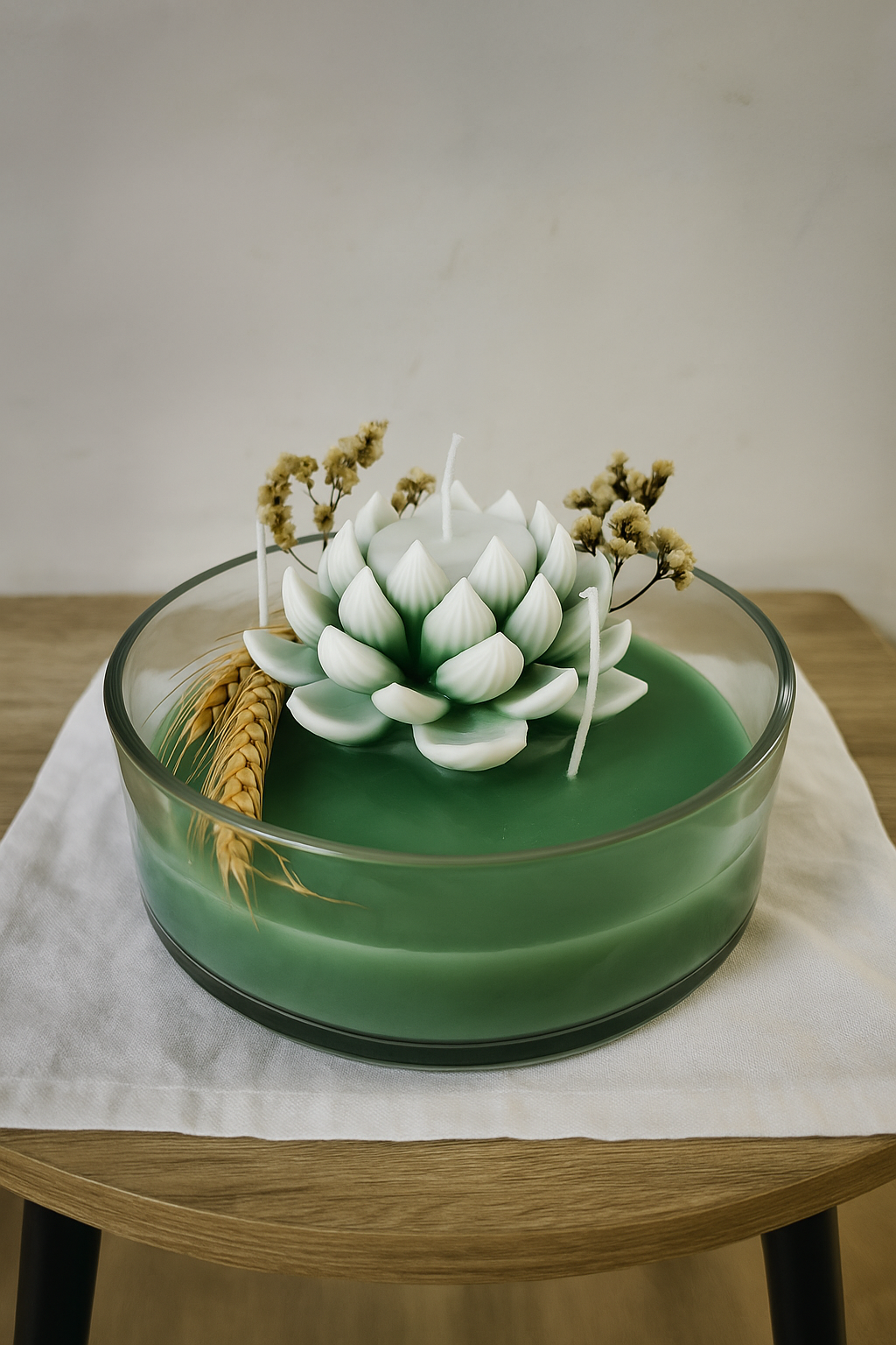 Green Lotus Bowl Candle – Handcrafted Multi-Wick Soy Wax Candle in Glass Bowl with Floral Centerpiece