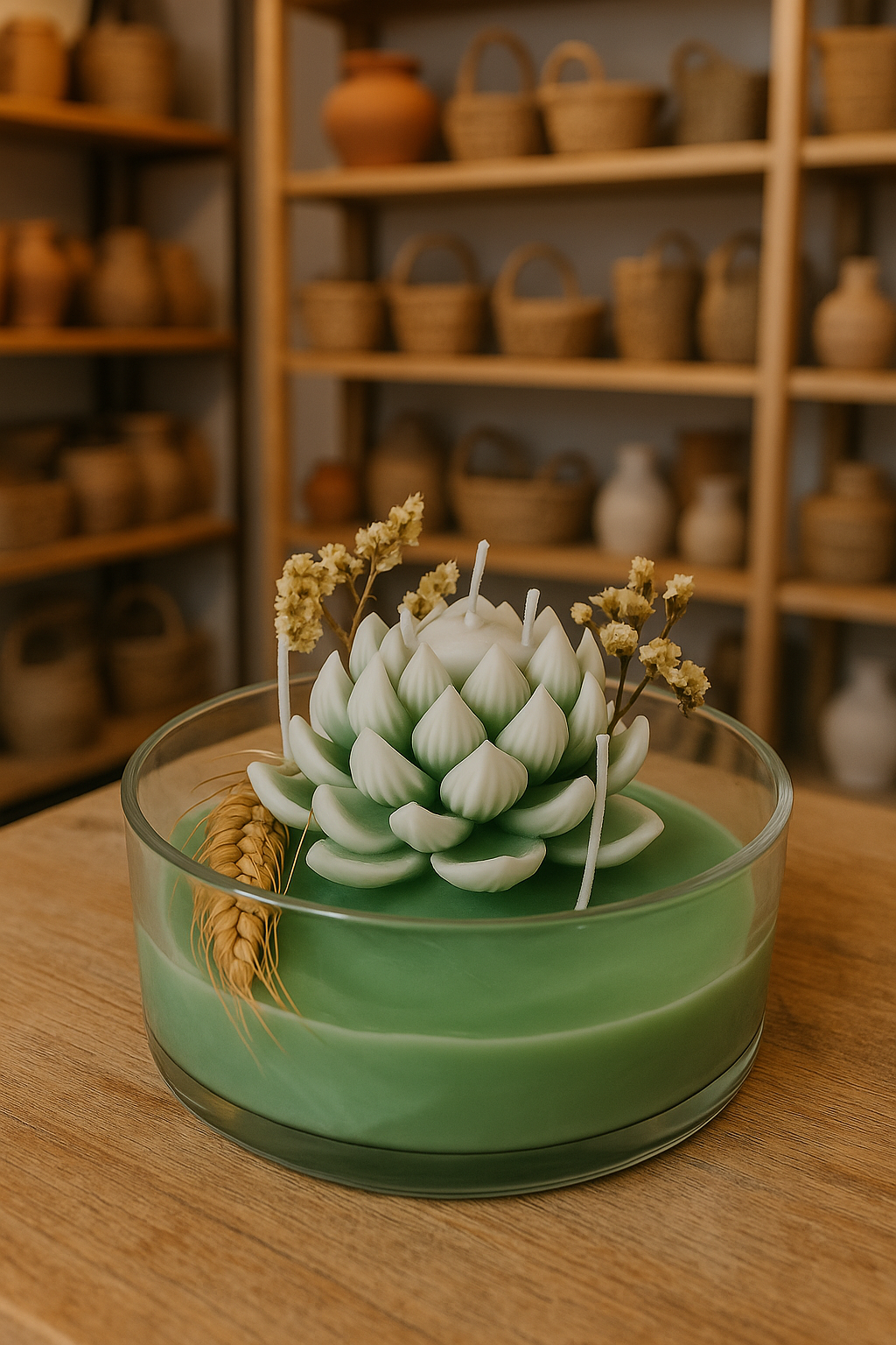 Green Lotus Bowl Candle – Handcrafted Multi-Wick Soy Wax Candle in Glass Bowl with Floral Centerpiece