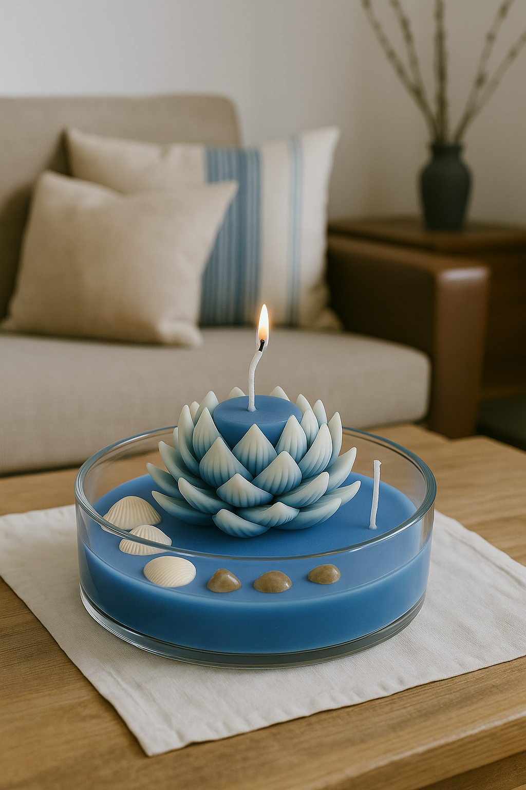 Blue Lotus Floating Candle in Glass Bowl – Decorative Ocean-Inspired Soy Wax Candle with Shell Accents