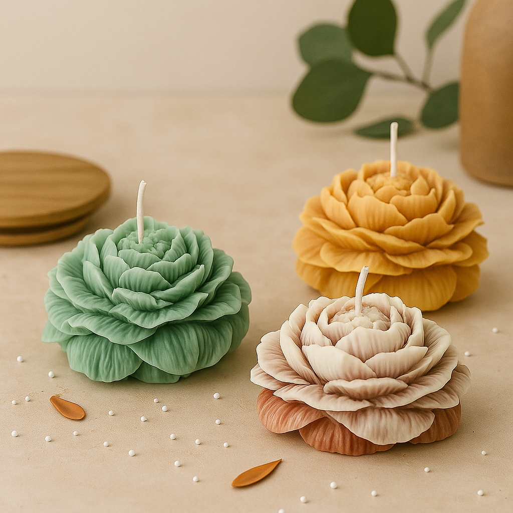 Trio Bloom Rose Candles – Handcrafted Layered Petal Set in Purple, Green & Marigold Yellow