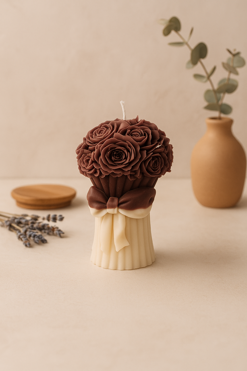 Rose Bouquet Candle with Cream Bow Base | Handcrafted Floral Sculpted Soy Wax Candle | Elegant Decorative Gift Candle