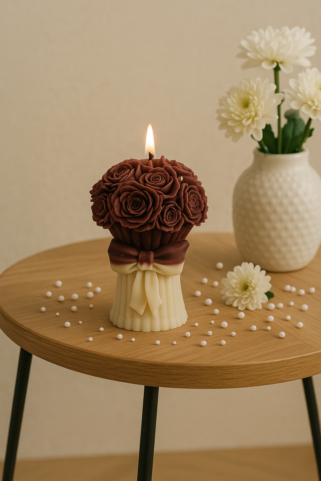 Rose Bouquet Candle with Cream Bow Base | Handcrafted Floral Sculpted Soy Wax Candle | Elegant Decorative Gift Candle
