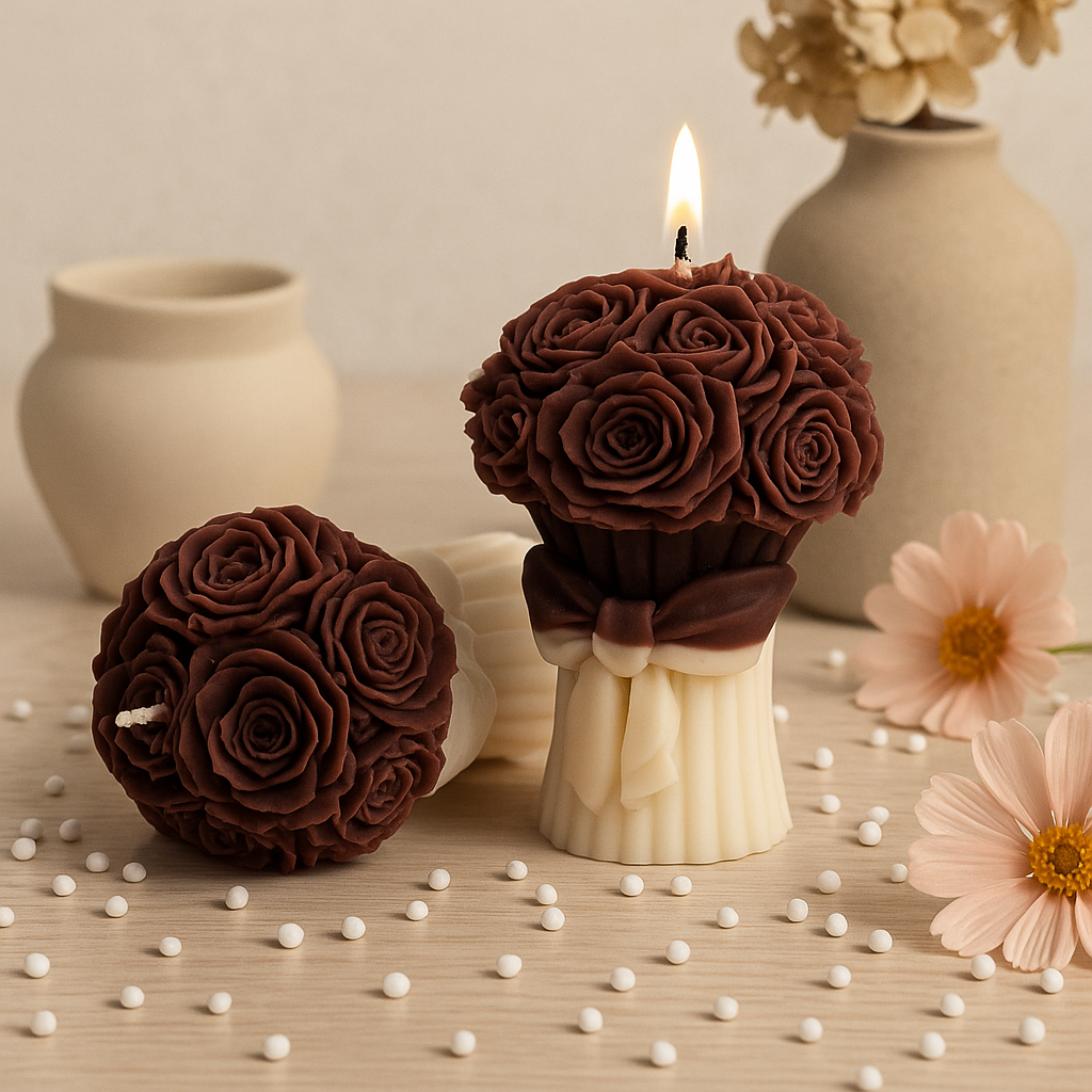 Rose Bouquet Candle with Cream Bow Base | Handcrafted Floral Sculpted Soy Wax Candle | Elegant Decorative Gift Candle