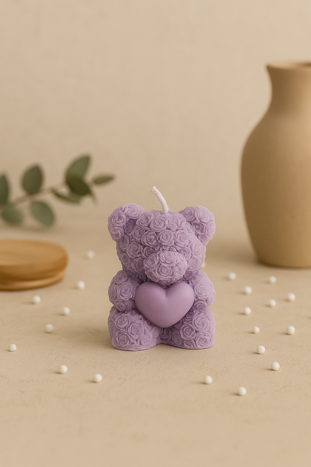 Rose Teddy Bear Candle with Heart | Floral Sculpture Soy Wax Candle | Romantic Gift & Home Decor