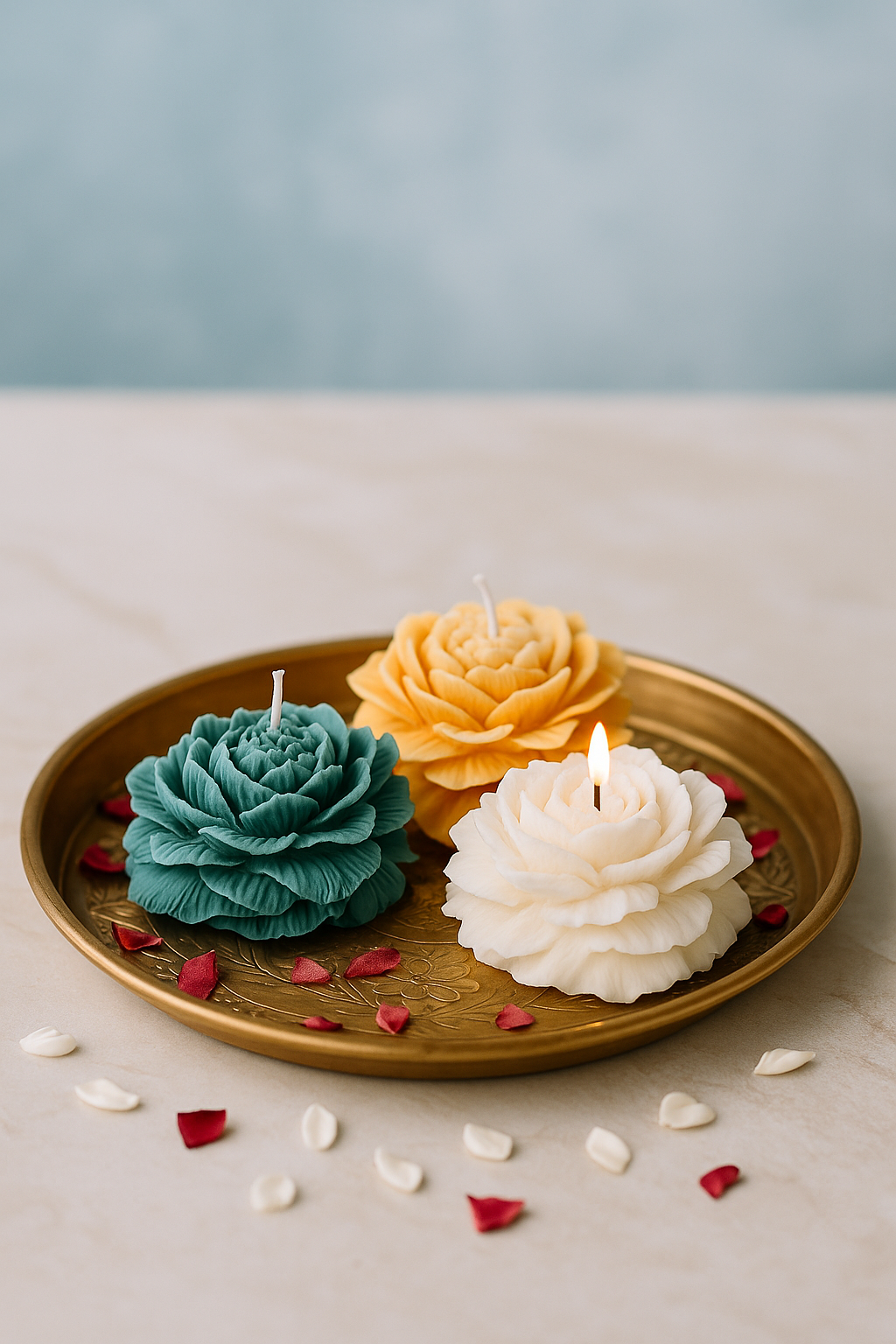 Trio Bloom Rose Candles – Handcrafted Layered Petal Set in Purple, Green & Marigold Yellow