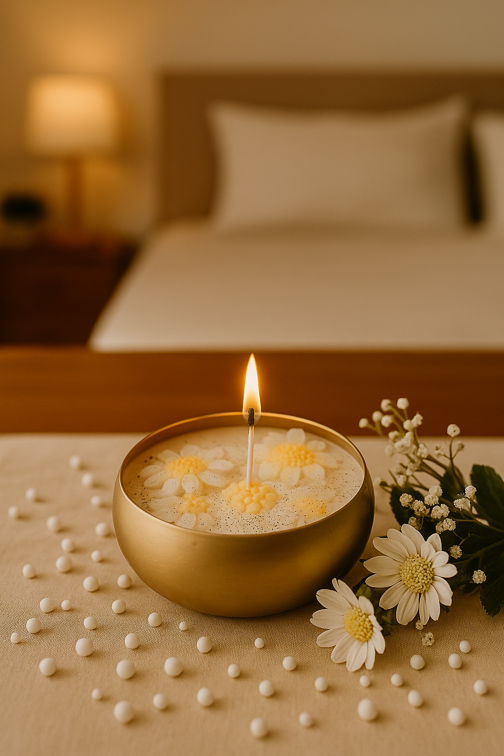Golden Bloom Daisy Candle – White Wax in Metallic Bow