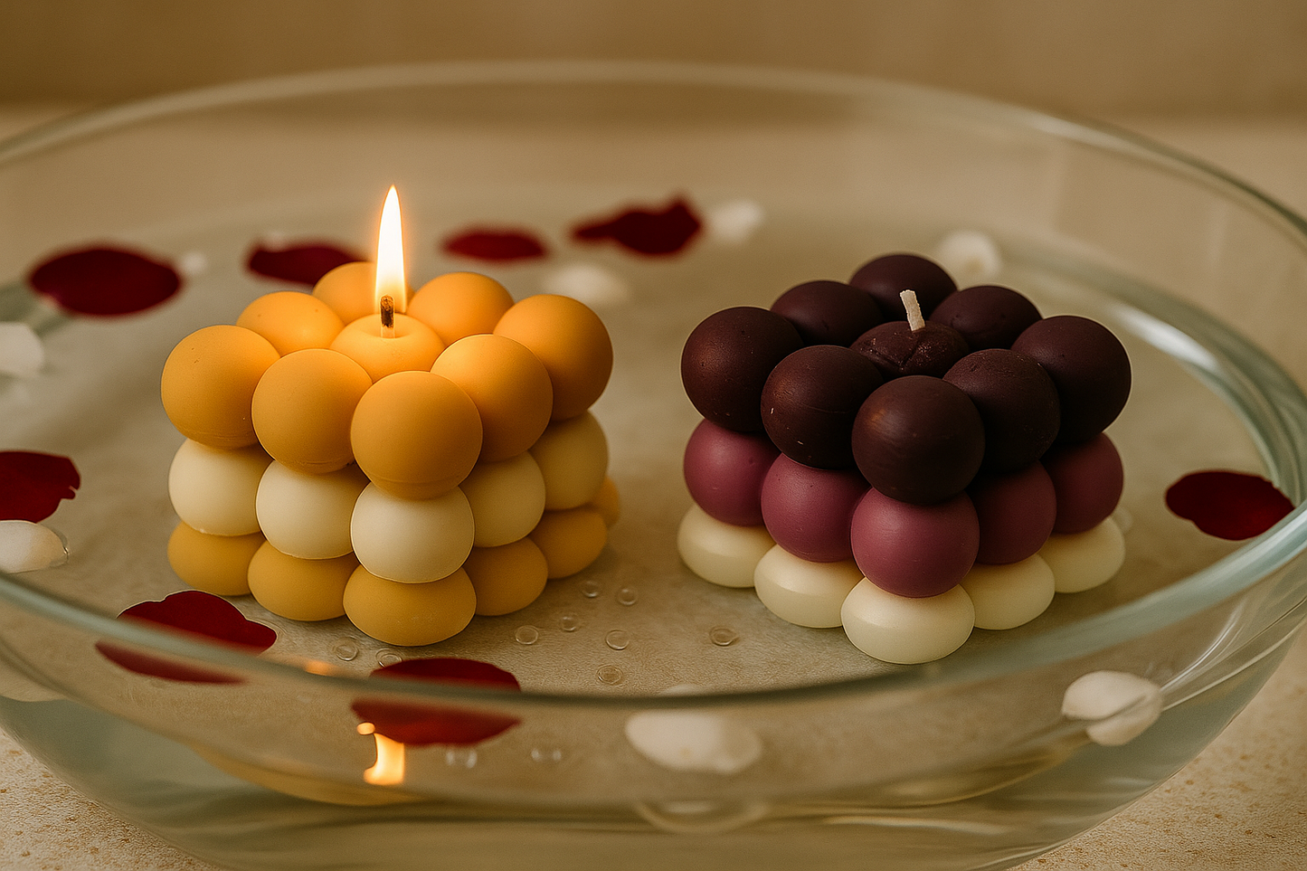 Dual-Tone Bubble Cube Candle Set – Mustard Cream & Plum Pink Geometric Wax Decor
