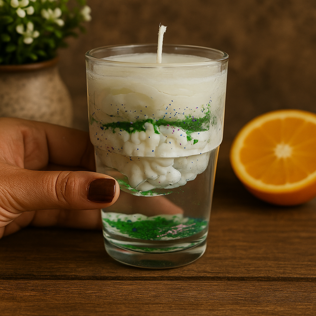Layered Art Gel Candle in Glass โ Handcrafted Decorative Candle with White Wax & Green Glitter Accents