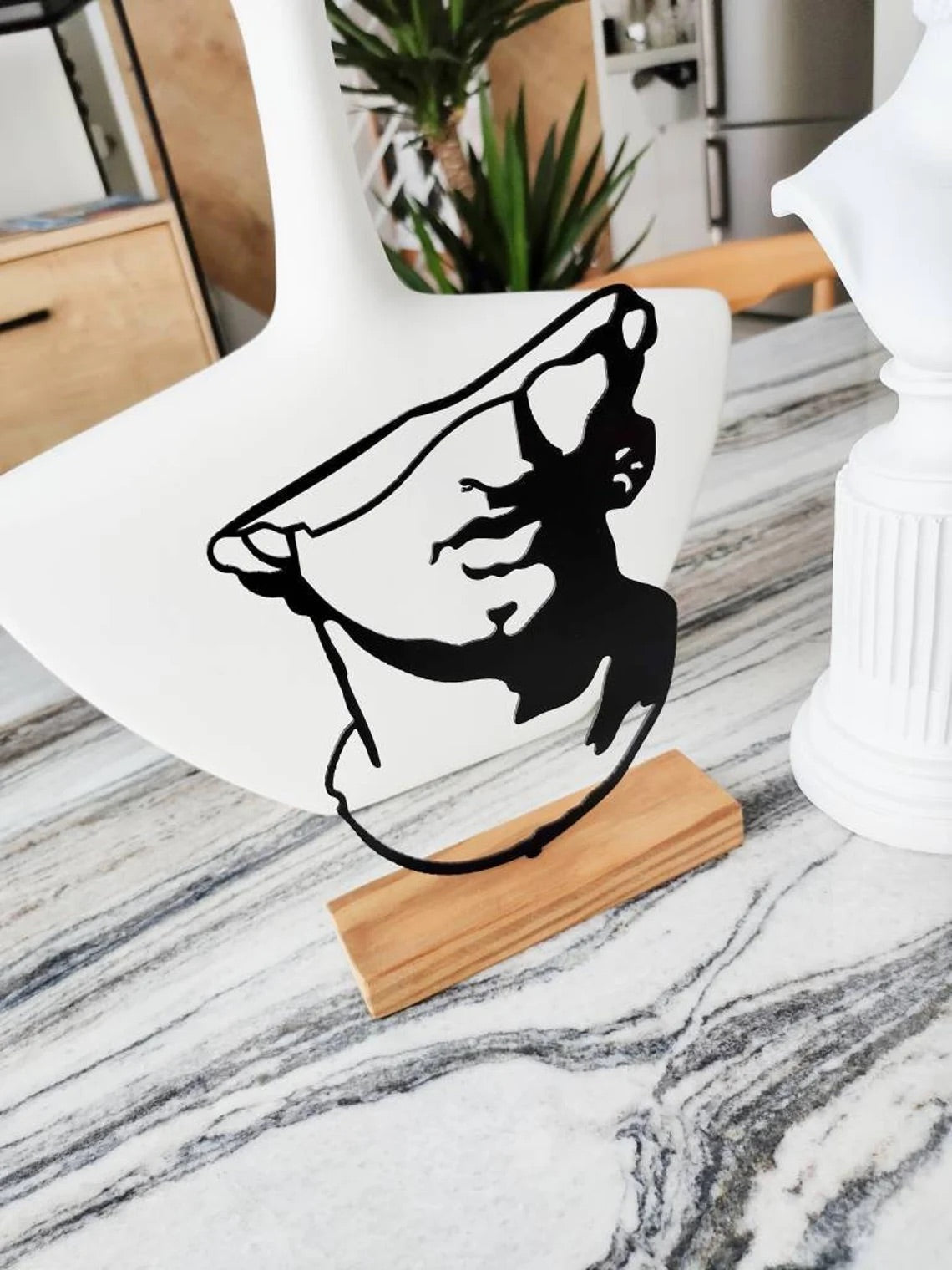Shadow art " Ancient Sculpture " metal shelf decor, wood based black metal home decor