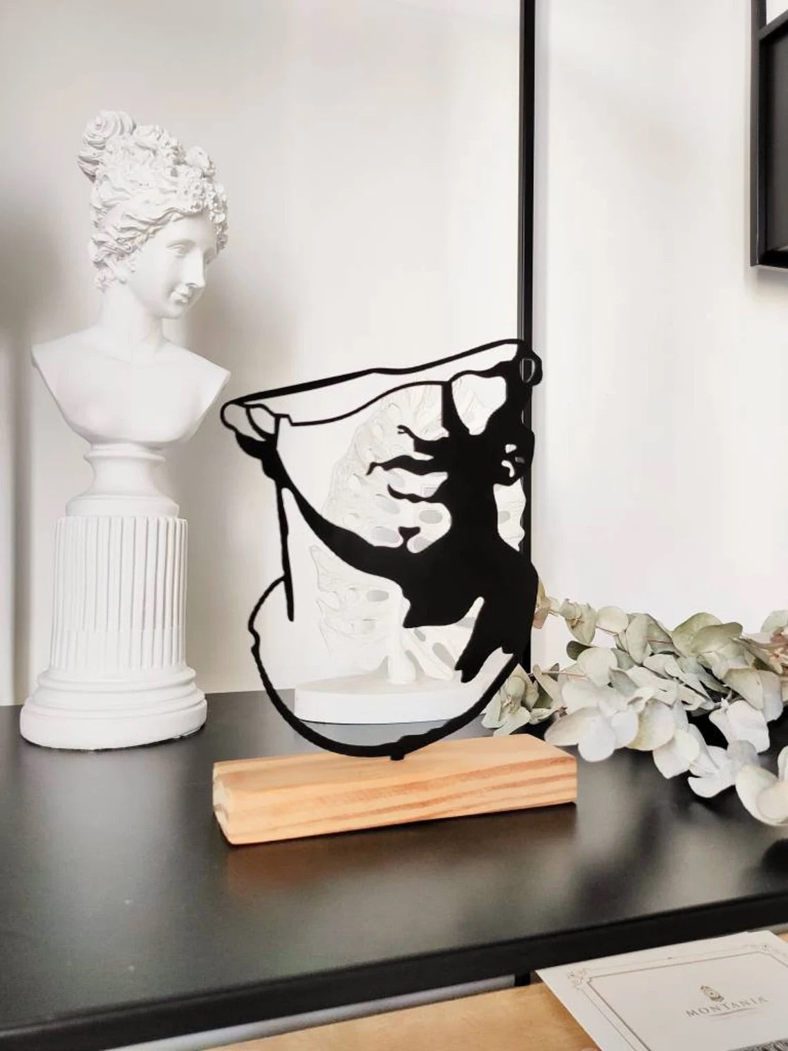 Shadow art " Ancient Sculpture " metal shelf decor, wood based black metal home decor
