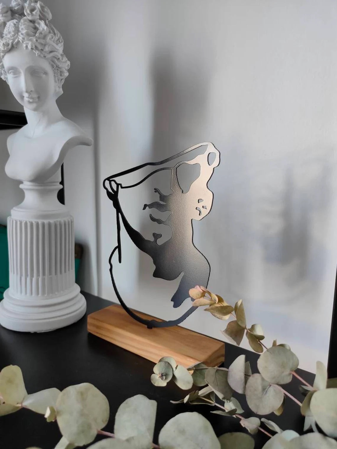 Shadow art " Ancient Sculpture " metal shelf decor, wood based black metal home decor