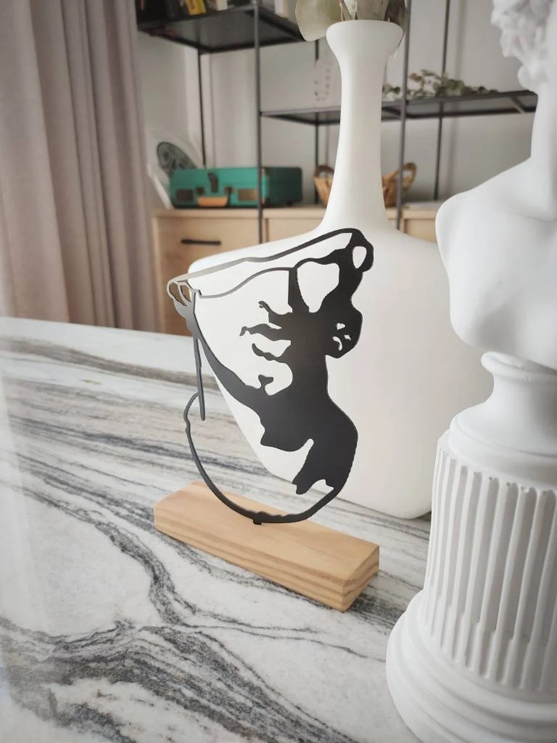 Shadow art " Ancient Sculpture " metal shelf decor, wood based black metal home decor