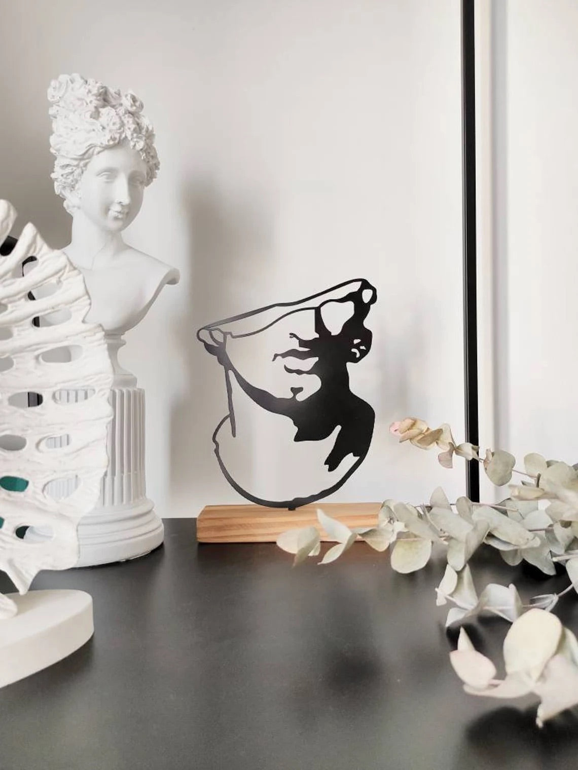Shadow art " Ancient Sculpture " metal shelf decor, wood based black metal home decor