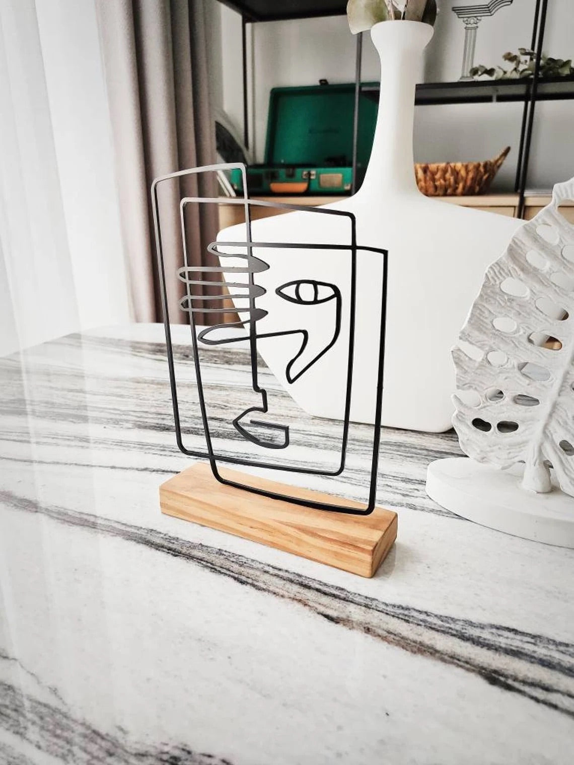 Boho style " Face " Metal Shelf Decor. Wood based black metal home and office bookshelf decor