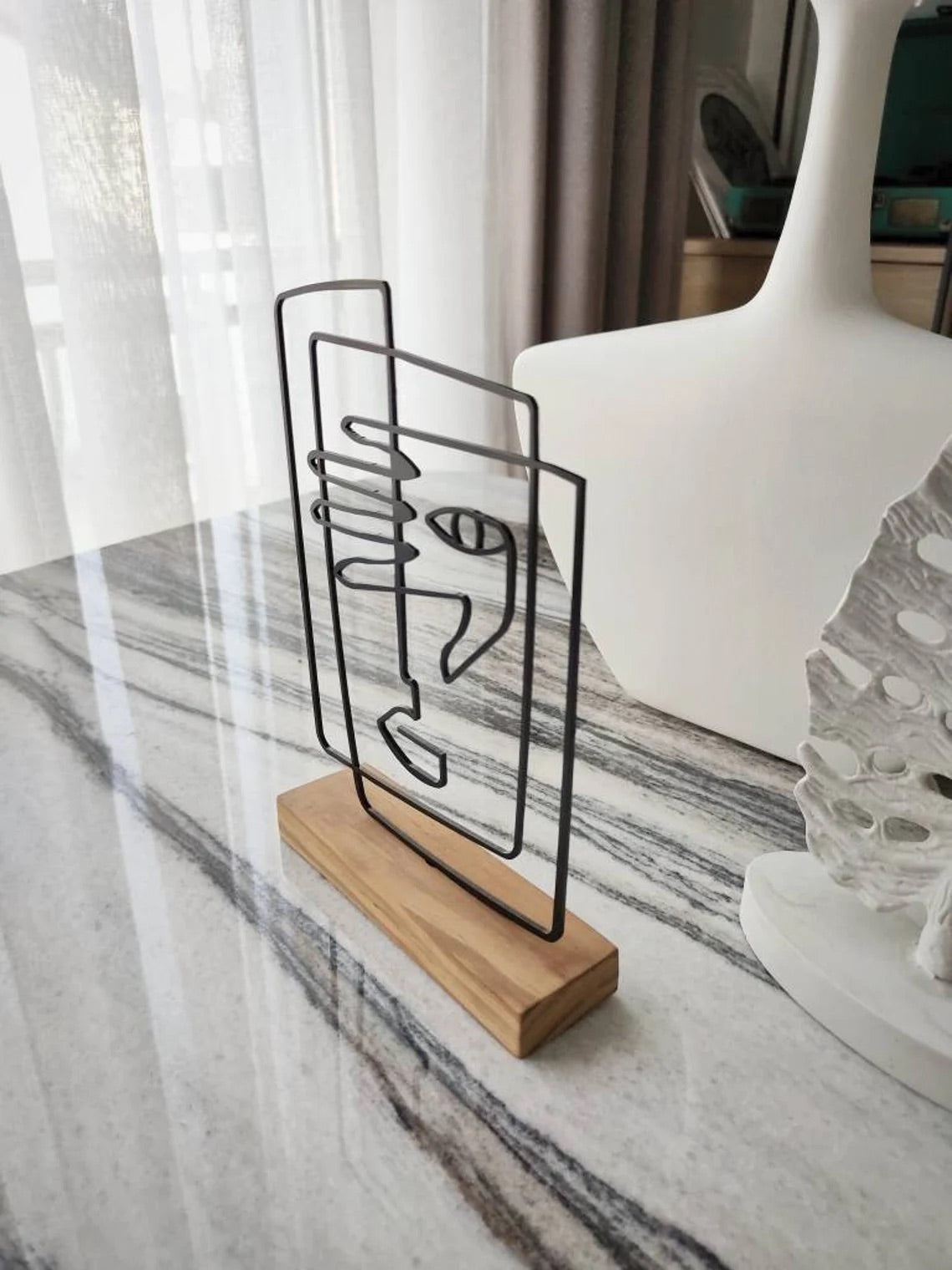 Boho style " Face " Metal Shelf Decor. Wood based black metal home and office bookshelf decor