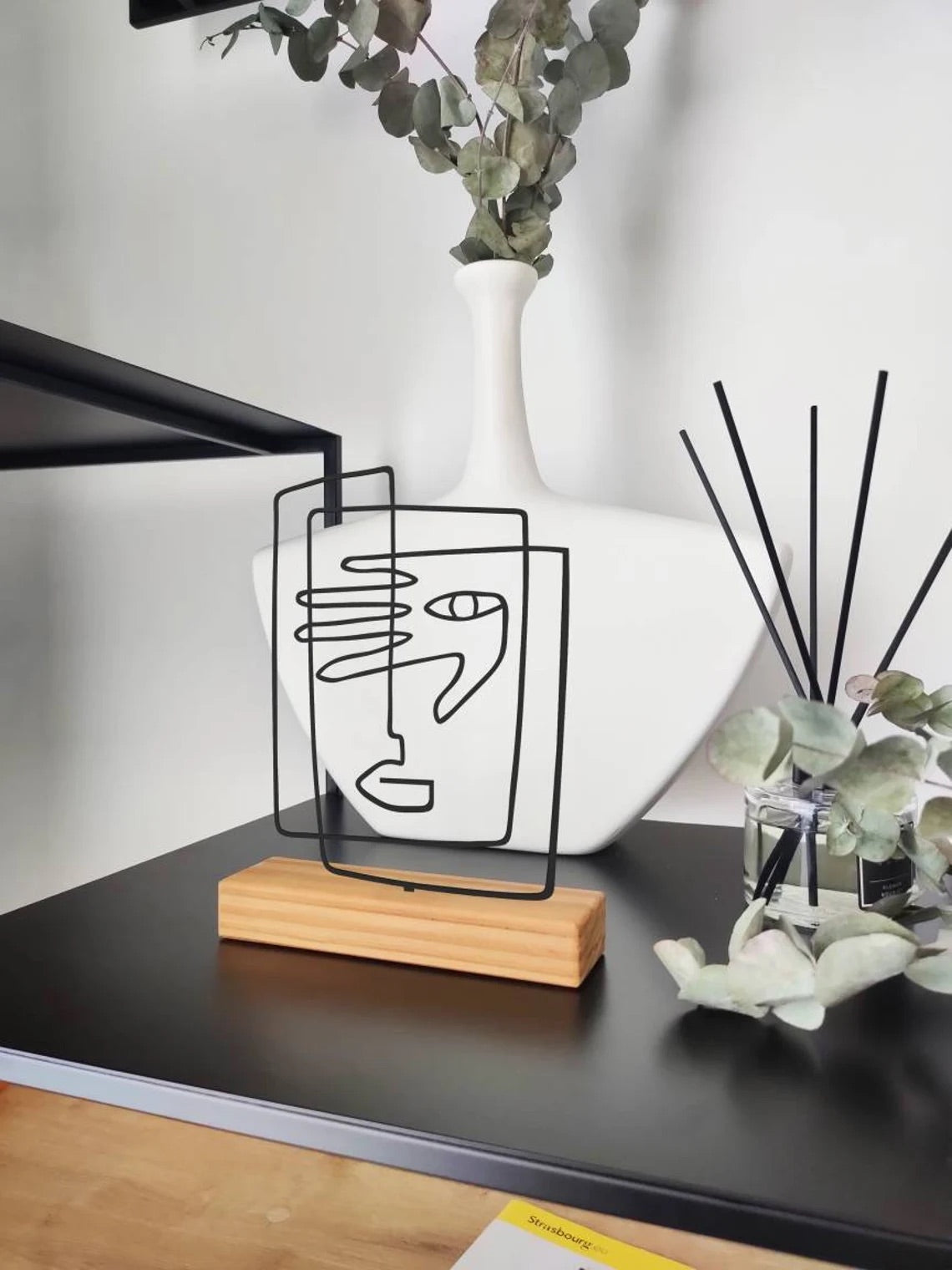 Boho style " Face " Metal Shelf Decor. Wood based black metal home and office bookshelf decor