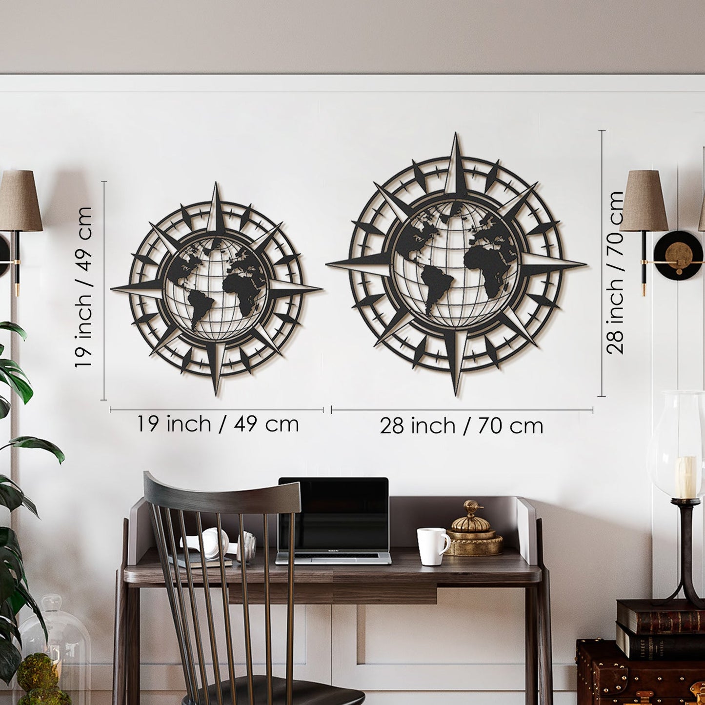 Compass And World Map Metal Wall Art