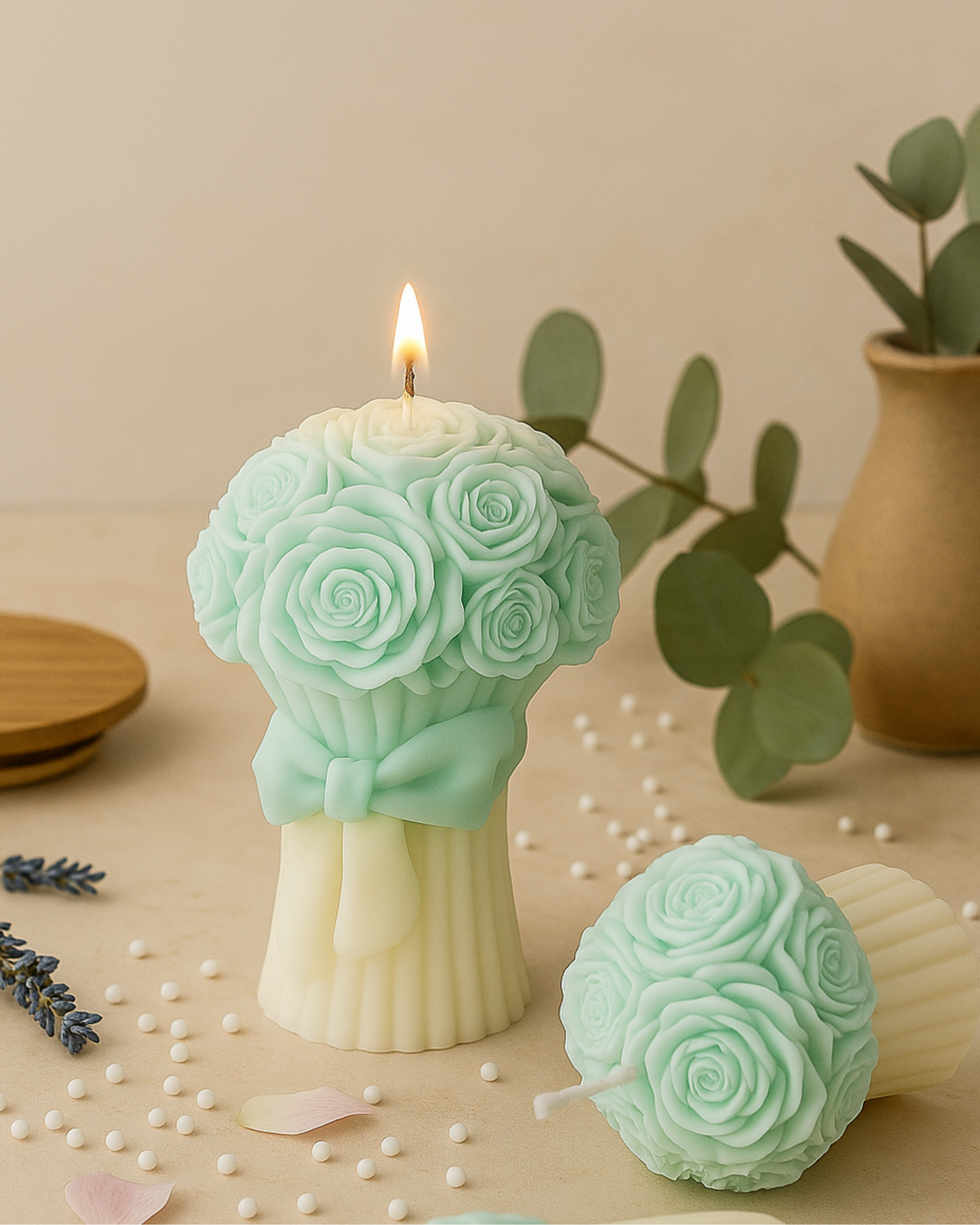 Rose Bouquet Candle with Cream Bow Base | Handcrafted Floral Sculpted Soy Wax Candle | Elegant Decorative Gift Candle