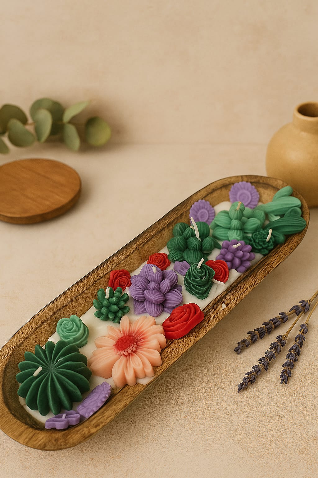 Botanical Garden Dough Bowl Candle | Handcrafted Wax Flower & Cactus Design | Long Wooden Scented Candle Centerpiece